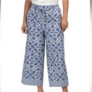 Joie Pants Womens 8 Blue White Floral Cropped Wide Leg Linen Blend Flowy Beach